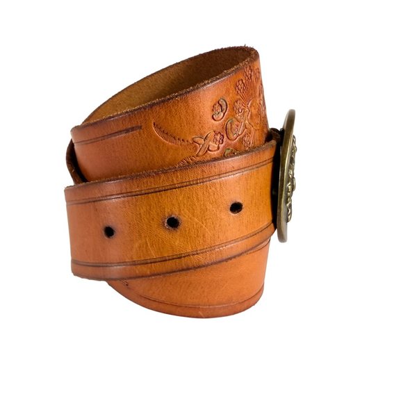 Old Navy Leather Belt Size S Floral Brass Buckle Cognac Brown Embossed VTG Y2K main image 14